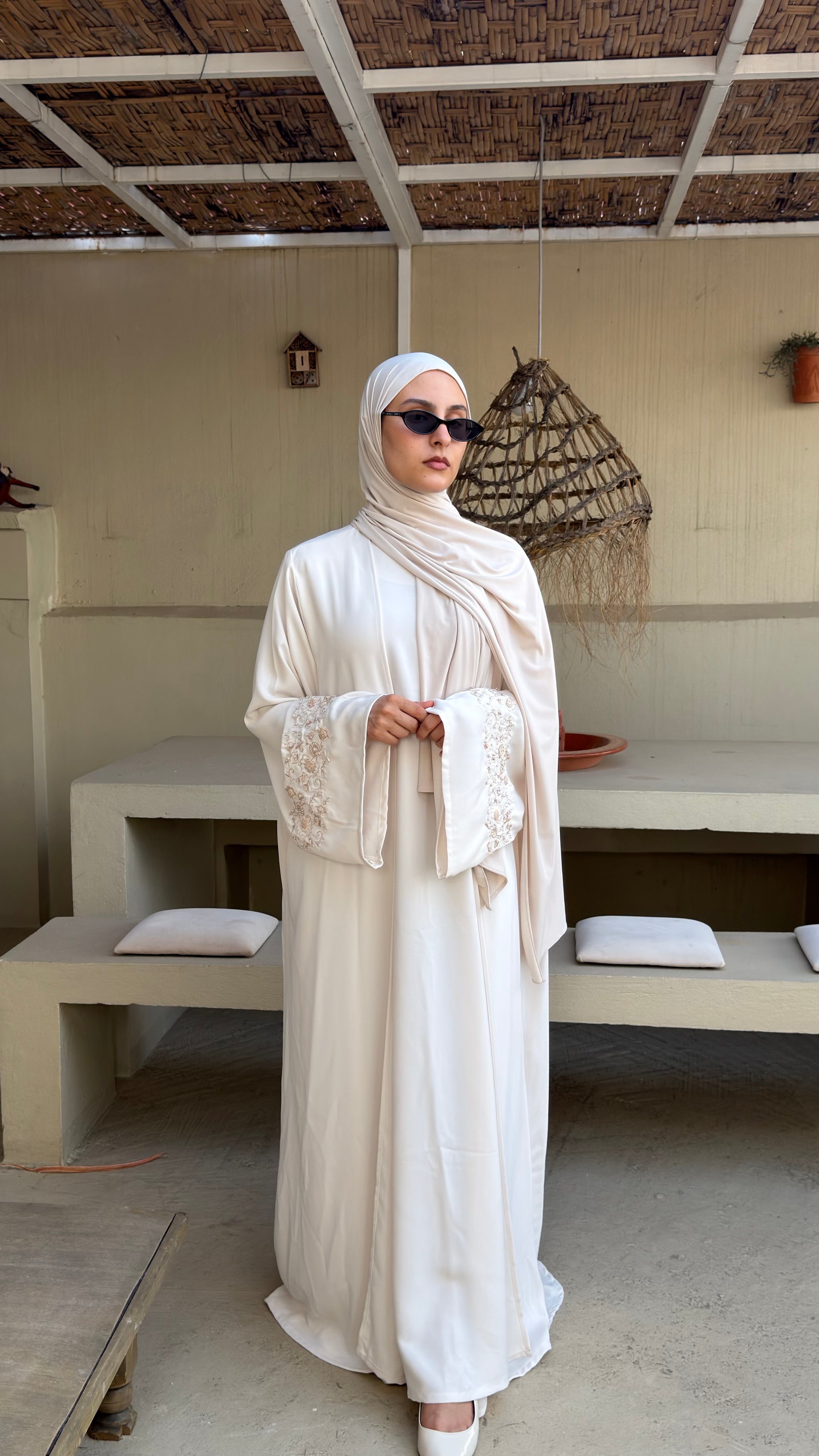 Off - White | 2 Piece Abaya | Embroidered sleeves