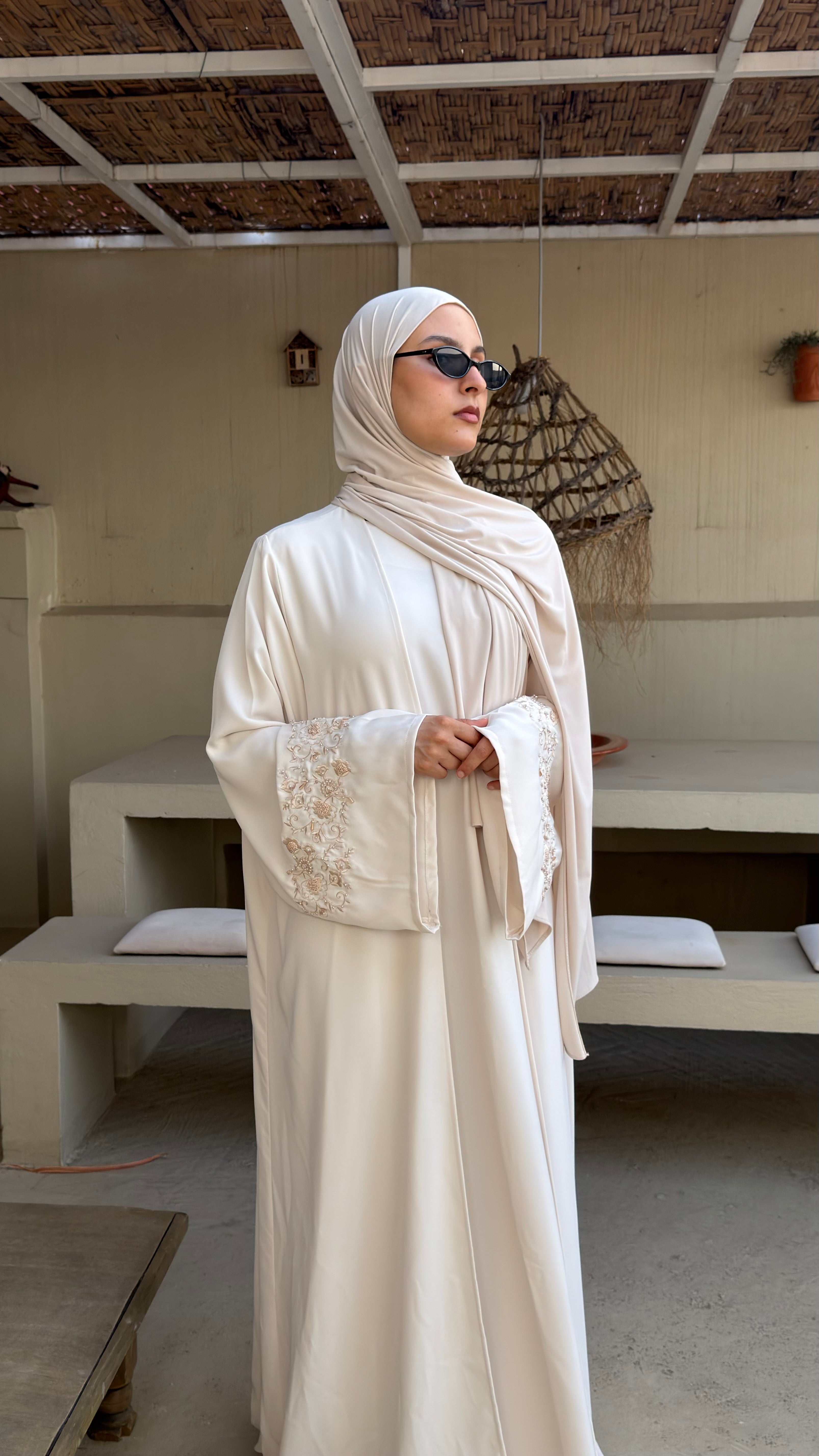 Off - White | 2 Piece Abaya | Embroidered sleeves