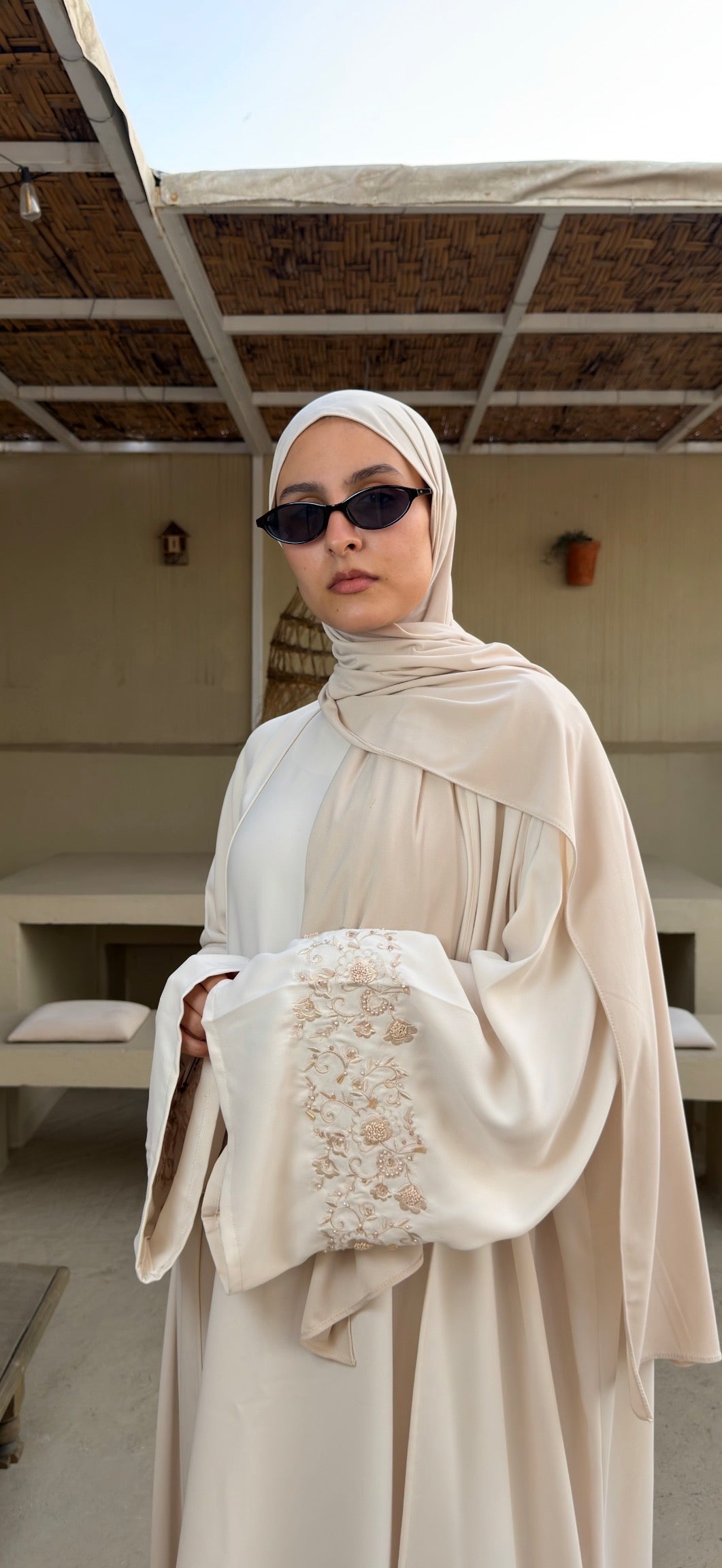 Off - White | 2 Piece Abaya | Embroidered sleeves