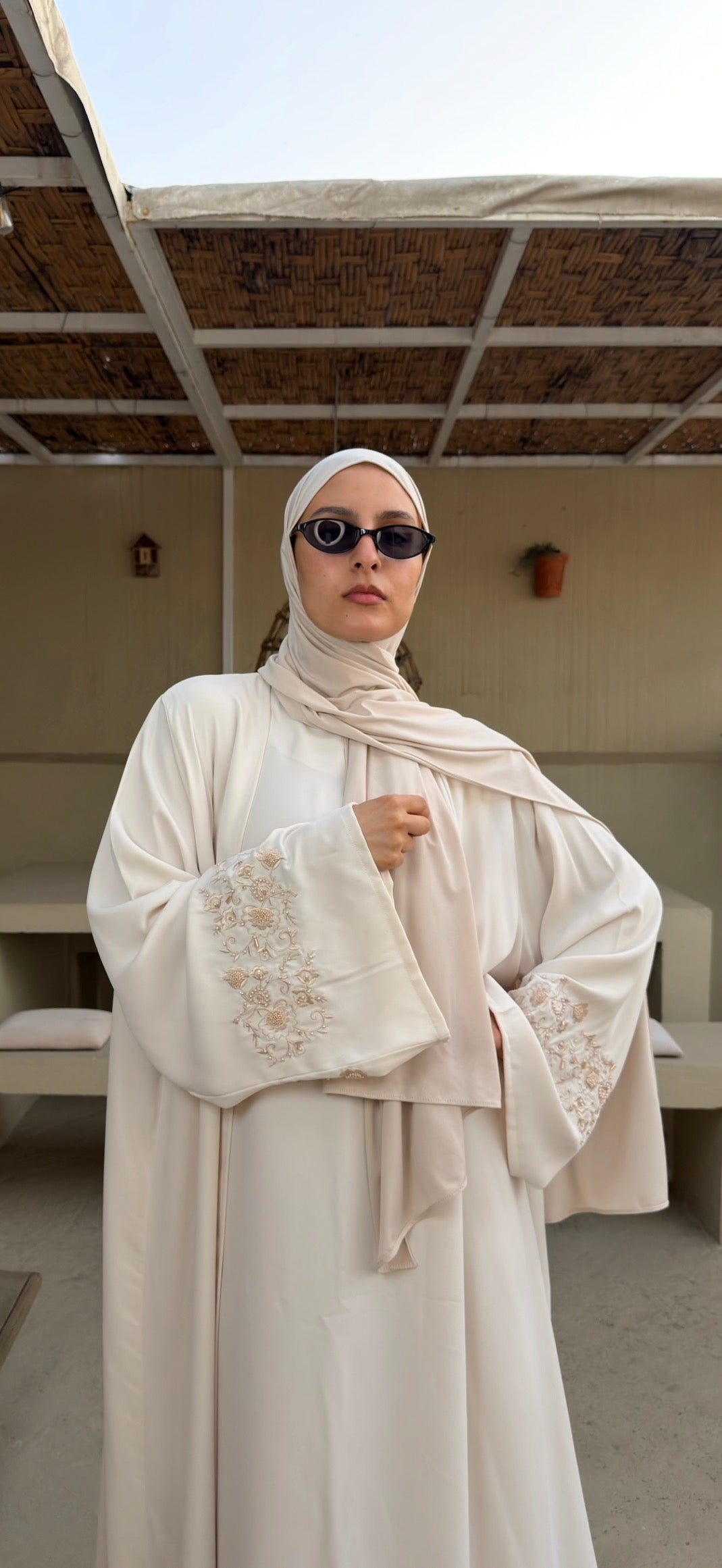 Off - White | 2 Piece Abaya | Embroidered sleeves
